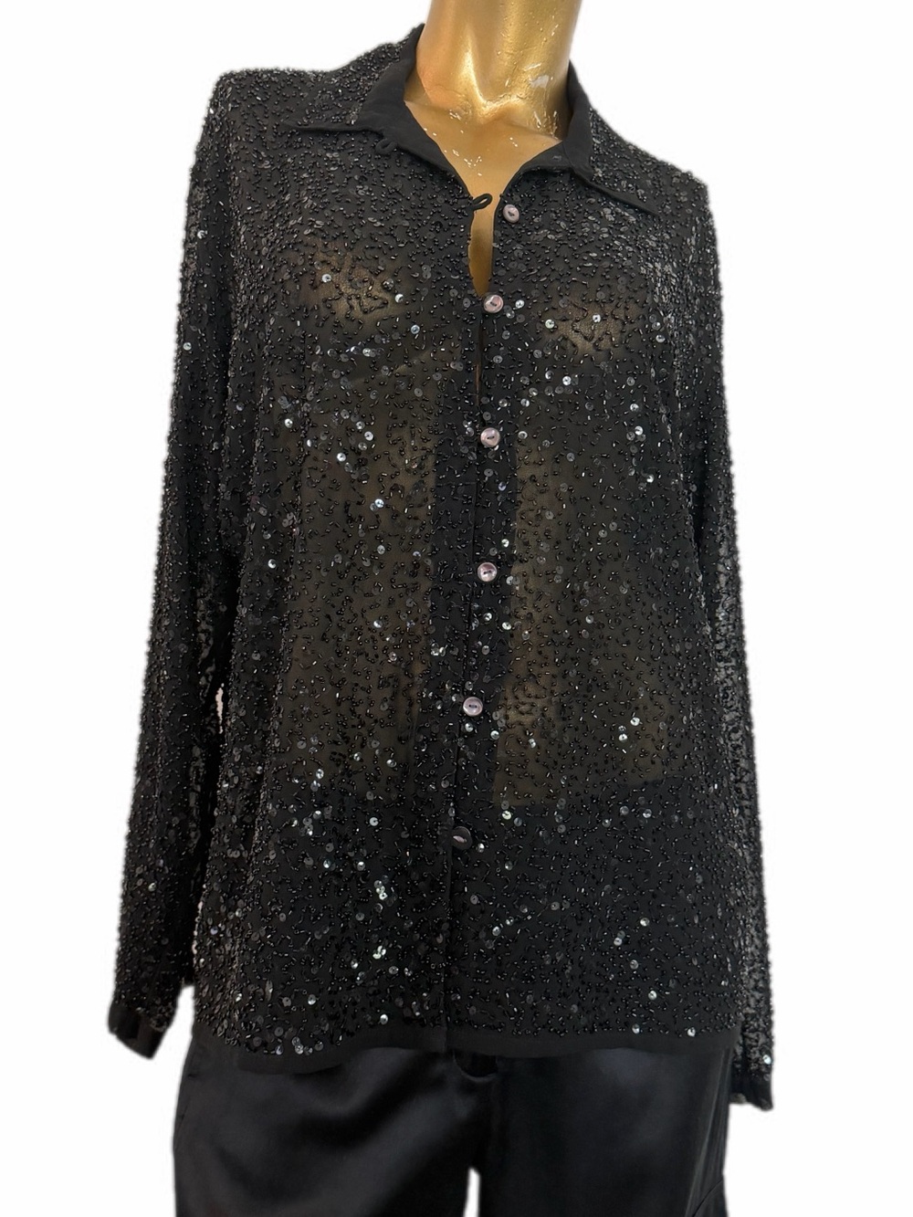 Vintage Chico’s Design Black Beaded Sequin Sheer Polyester Button-down Top 2/L